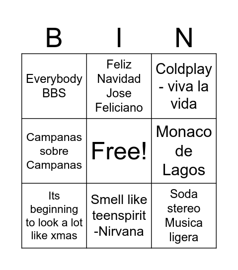 Christmas Songs Bingo Card