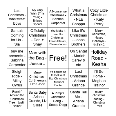 Christmas - Newer Artists Bingo Card