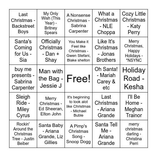 Christmas - Newer Artists Bingo Card