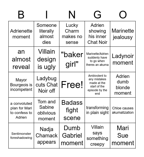 Miraculous Rewatch Bingo Card