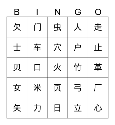 Chinese Radicals 2 Bingo Card