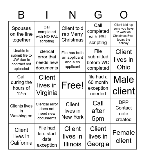 Welcome Call Bingo Card