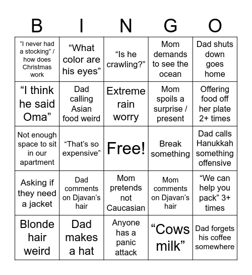 Parents Bingo Card