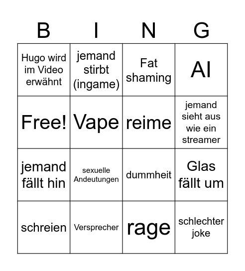 Satter Hugo Bingo Card