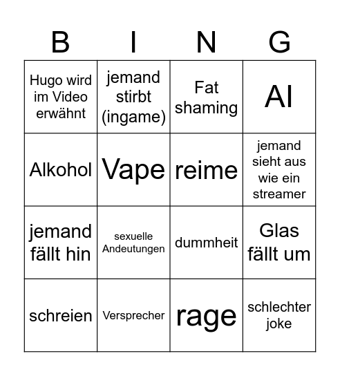 Satter Hugo Bingo Card