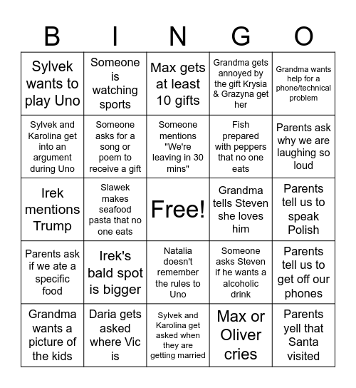 Christmas Eve 2024 Bingo Card