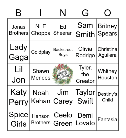 Holiday Current Artists Bingo Card