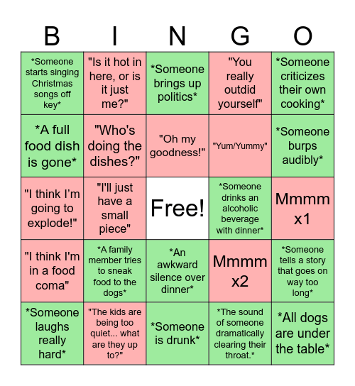 Christmas Dinner Bingo 2024 Bingo Card