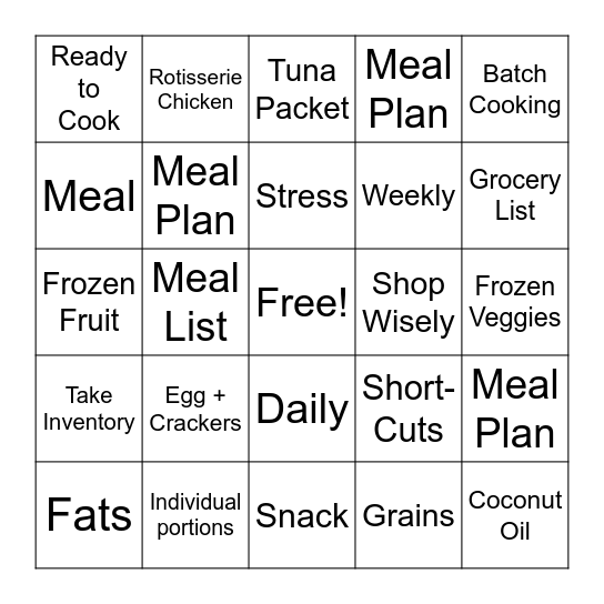 Meal Planning Bingo Card