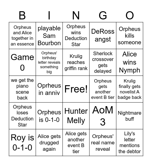 Krulig's 2025 Identity V Bingo Card