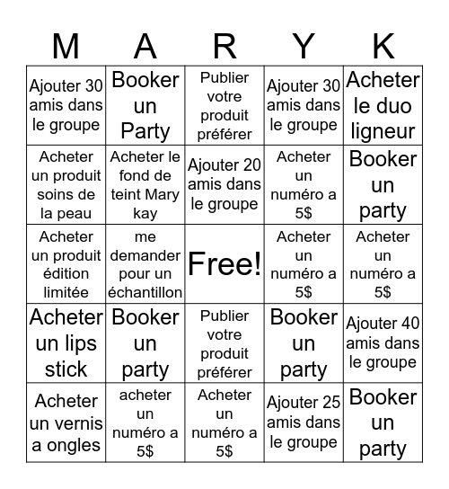 Mary kay  Bingo Card
