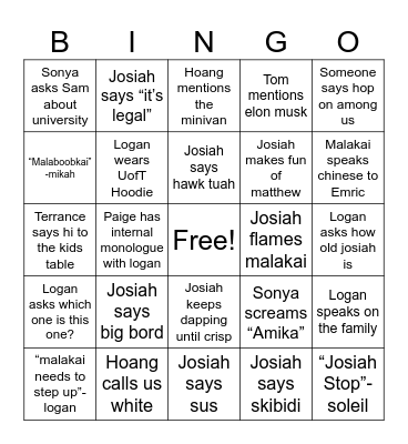 Lam Fam Dinner Bingo Card