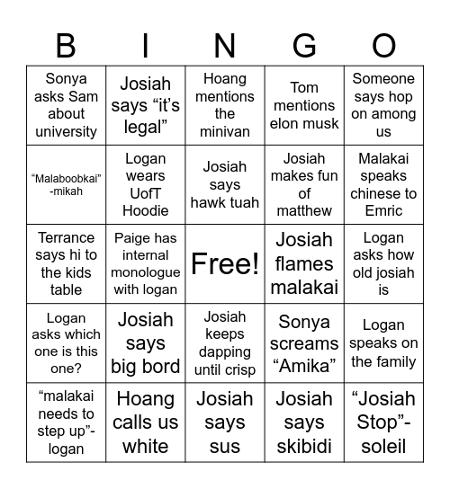 Lam Fam Dinner Bingo Card
