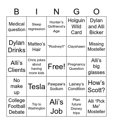 Family Christmas Party Bingo Card
