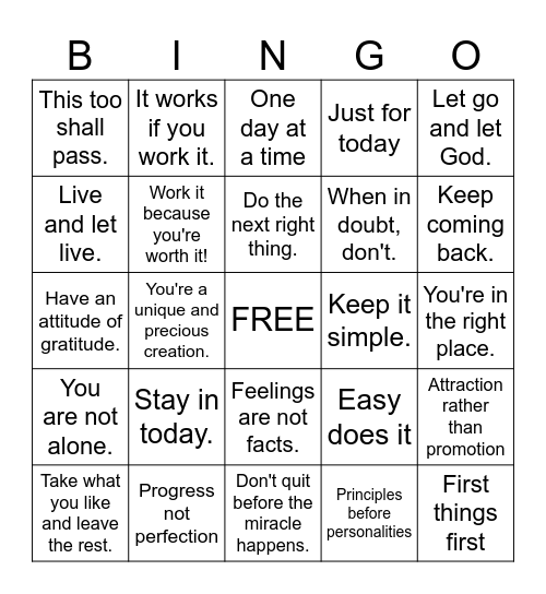 Recovery Slogans Bingo Card