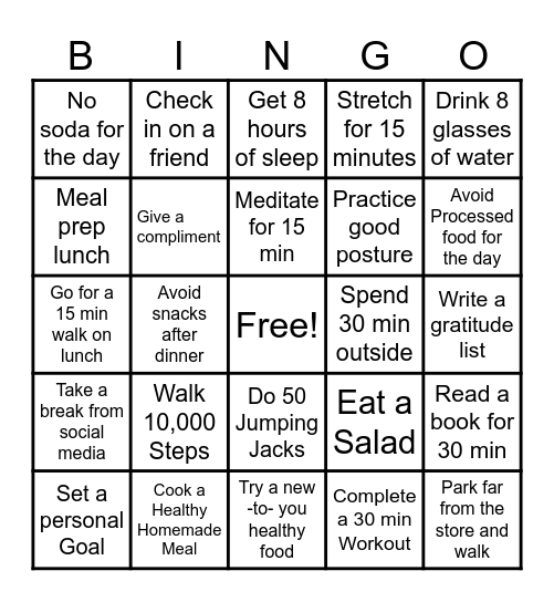 Weekly Healthy Habits Challenge Bingo Card