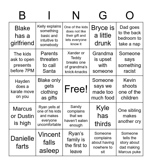 Thornburg Family Christmas Bingo Card