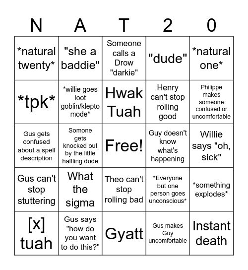 Dungeons and Dragons Bingo Card