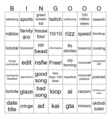 youtube bingo Card