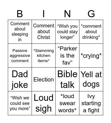 Family Vacation Bingo Card