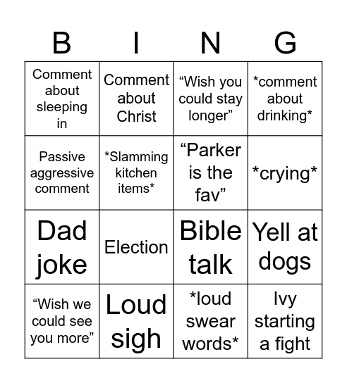 Family Vacation Bingo Card