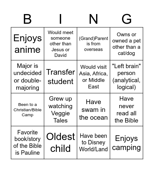Bible Class Intro 3 Bingo Card