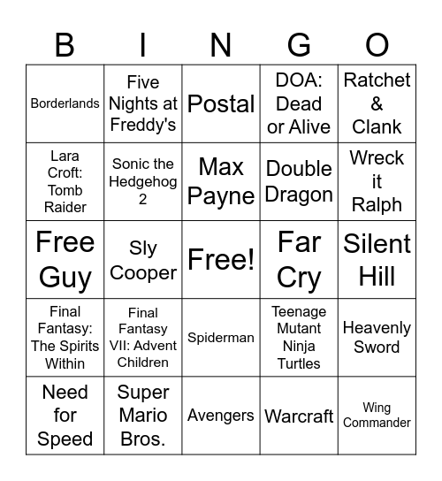video game movies Bingo Card