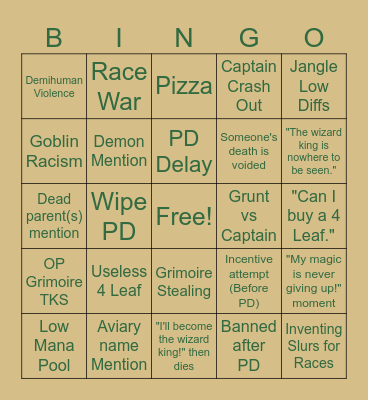 Aviary Bingo Card