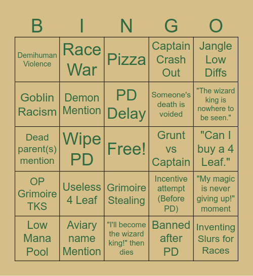 Aviary Bingo Card