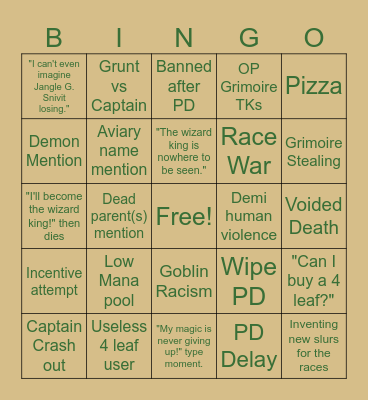 Aviary Bingo Card