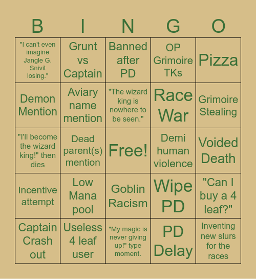 Aviary Bingo Card