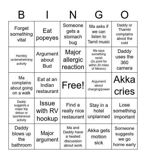 Winter 2024 RV Trip Bingo Card