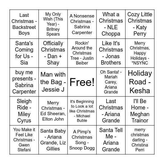 New Artists Bingo Card