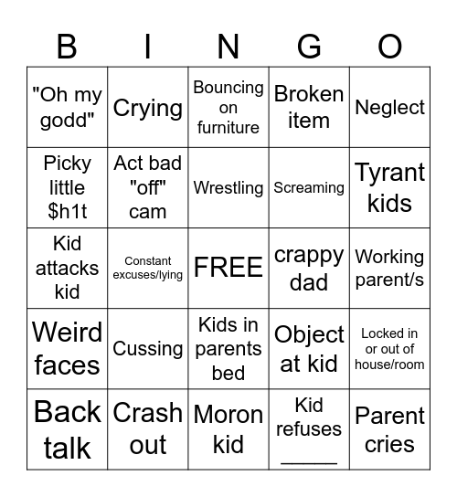 Super Nanny Card Bingo Card