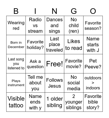 Mingle Bingo - Remember name and answer Bingo Card