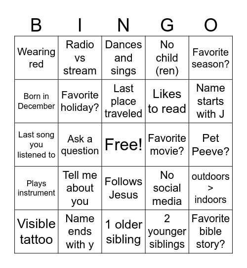 Mingle Bingo - Remember name and answer Bingo Card