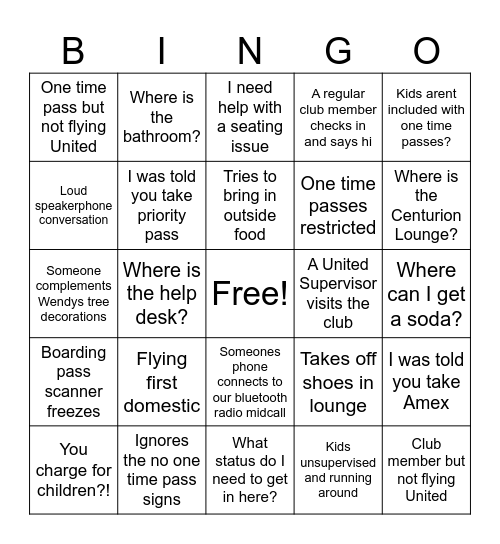 United Club Bingo Card