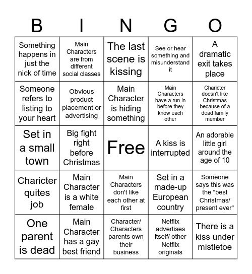 Cheesy Christmas Movie Bingo Card