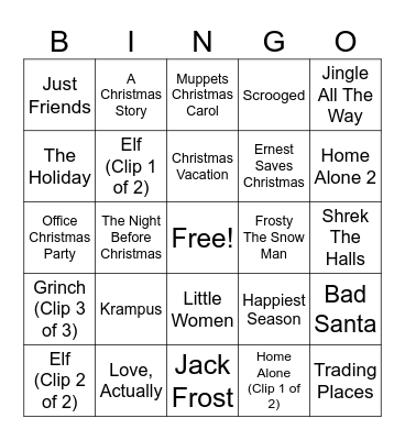 Christmas Movie Clips Bingo Card