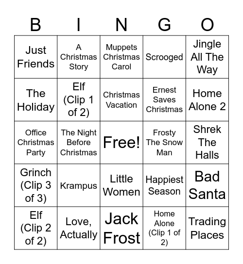 Christmas Movie Clips Bingo Card