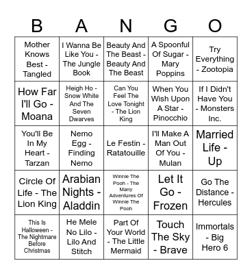 DISNEY SONGS Bingo Card