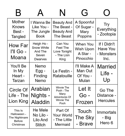 DISNEY SONGS Bingo Card