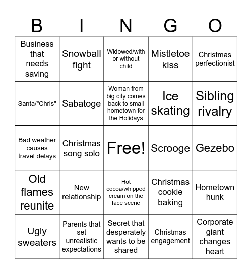 Christmas Lifetime Movie Bingo Card