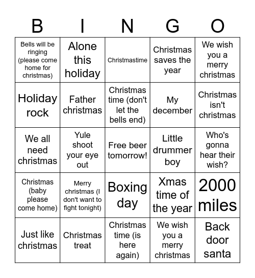 Emo/Rock Christmas Bingo Card