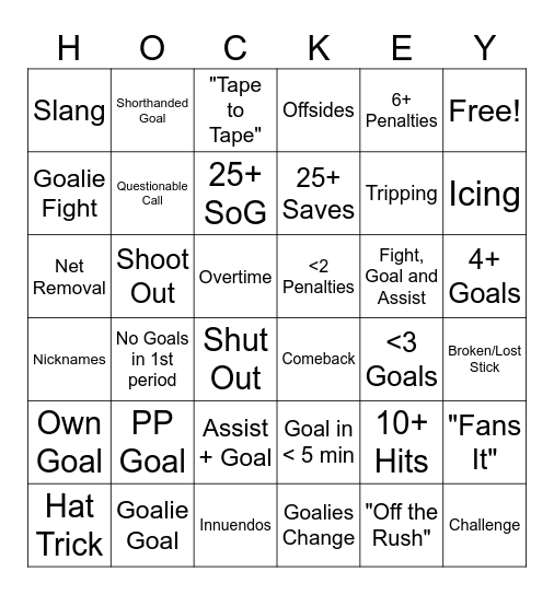 Hockey Bingo Card