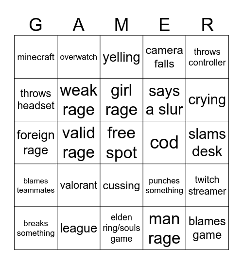 gamer rage bingo Card