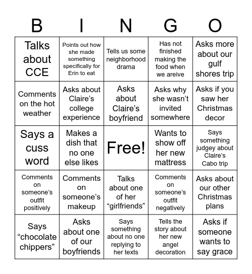 Christmas with Mimi Bingo Card