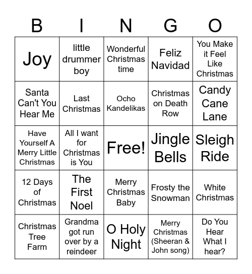 Christmas Music Bingo Card