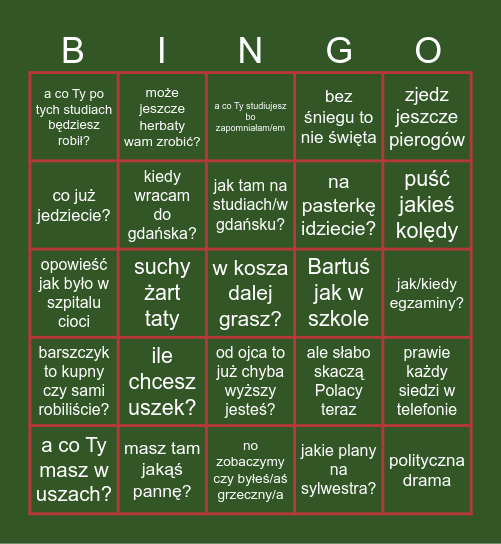 Wigilia Bingo Card