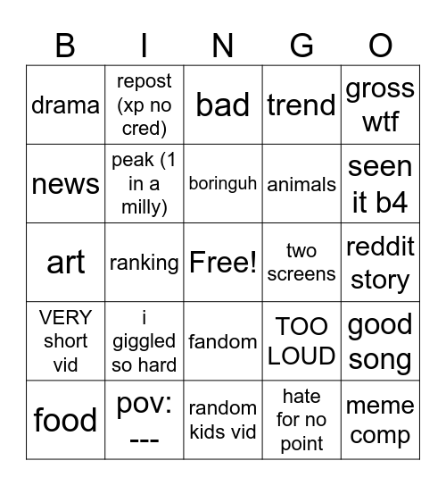 YT SHORTS BINGORE Bingo Card